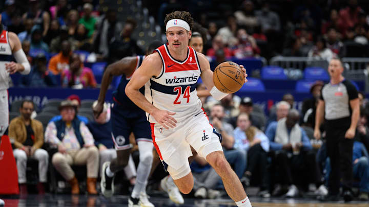 Nov 27, 2024; Washington, District of Columbia, USA; Washington Wizards forward Corey Kispert (24) dribbles the ball up the court during the second quarter against the LA Clippers at Capital One Arena. Mandatory Credit: Reggie Hildred-Imagn Images