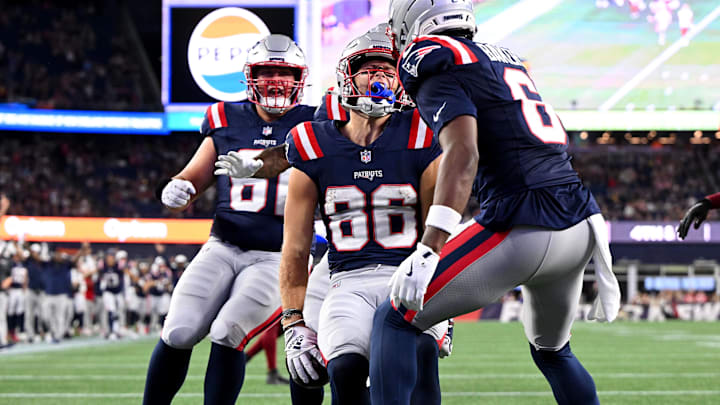 Aug 8, 2025; Foxborough, Massachusetts, USA; New England Patriots wide receiver Efton Chism III (86) reacts after scoring a touchdown against the Washington Commanders during the second half at Gillette Stadium. Mandatory Credit: Brian Fluharty-Imagn Images Aug 8, 2025; Foxborough, Massachusetts, USA; New England Patriots wide receiver Efton Chism III (86) reacts after scoring a touchdown against the Washington Commanders during the second half at Gillette Stadium. Mandatory Credit: Brian Fluharty-Imagn Images