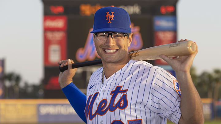Feb 23, 2023; Port St. Lucie, FL, USA;  New York Mets catcher Kevin Parada poses for a picture during the New York Mets media photo day at Clover Field. Mandatory Credit: Reinhold Matay-Imagn Images