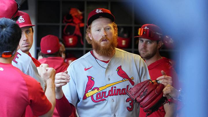 May 27, 2026; Milwaukee, Wisconsin, USA; St. Louis Cardinals pitcher Dustin May (3) is congratulated by his teammates after throwing a no hitter into the eighth inning against the Milwaukee Brewers in the eighth inning at American Family Field. Mandatory Credit: Michael McLoone-Imagn Images May 27, 2026; Milwaukee, Wisconsin, USA; St. Louis Cardinals pitcher Dustin May (3) is congratulated by his teammates after throwing a no hitter into the eighth inning against the Milwaukee Brewers in the eighth inning at American Family Field. Mandatory Credit: Michael McLoone-Imagn Images