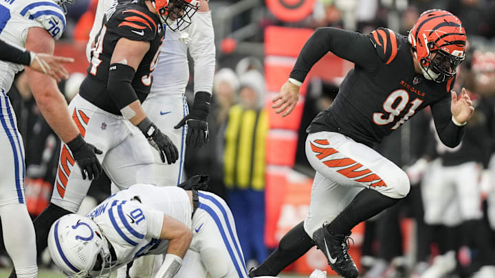 Dec 10, 2023; Cincinnati, Ohio, USA; Cincinnati Bengals defensive end Trey Hendrickson (91) runs back to the sideline after sacking Indianapolis Colts quarterback Gardner Minshew II (10) at Paycor Stadium. Mandatory Credit: Jenna Watson-Imagn Images