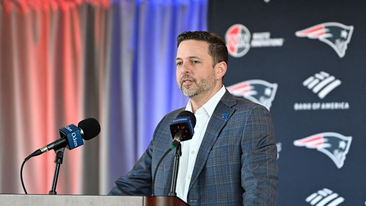Mar 13, 2025; Foxborough, MA, USA; New England Patriots executive vice president of player personnel Eliot Wolf  discusses the teamís recent free agent additions with the media at Gillette Stadium. Mandatory Credit: Eric Canha-Imagn Images