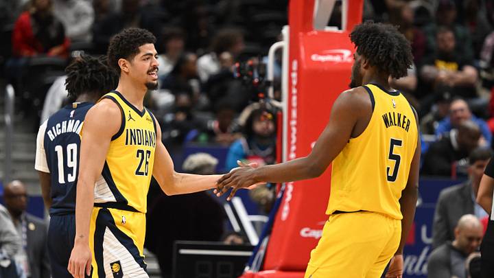 Feb 20, 2026; Washington, District of Columbia, USA; Indiana Pacers guard Ben Sheppard (26) celebrates with forward Jarace Walker (5) after being fouled against the Washington Wizards during the second quarter at Capital One Arena. Mandatory Credit: Rafael Suanes-Imagn Images Feb 20, 2026; Washington, District of Columbia, USA; Indiana Pacers guard Ben Sheppard (26) celebrates with forward Jarace Walker (5) after being fouled against the Washington Wizards during the second quarter at Capital One Arena. Mandatory Credit: Rafael Suanes-Imagn Images
