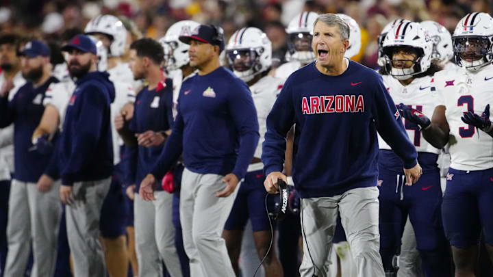 Arizona head coach Brent Brennan celebrates during a game against Arizona State at Mountain America Stadium in Tempe on Nov. 28, 2025. Arizona head coach Brent Brennan celebrates during a game against Arizona State at Mountain America Stadium in Tempe on Nov. 28, 2025.