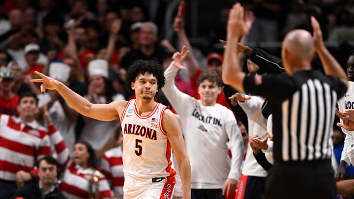 Mar 28, 2026; San Jose, CA, USA; Arizona Wildcats guard Brayden Burries (5) celebrates in the second half against the Purdue Boilermakers during an Elite Eight game of the West Regional of the men's 2026 NCAA Tournament at SAP Center. Mandatory Credit: Eakin Howard-Imagn Images Mar 28, 2026; San Jose, CA, USA; Arizona Wildcats guard Brayden Burries (5) celebrates in the second half against the Purdue Boilermakers during an Elite Eight game of the West Regional of the men's 2026 NCAA Tournament at SAP Center. Mandatory Credit: Eakin Howard-Imagn Images