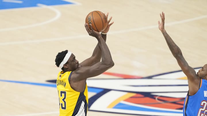 Jun 8, 2025; Oklahoma City, Oklahoma, USA; Indiana Pacers forward Pascal Siakam (43) shoots the ball against Oklahoma City Thunder guard Cason Wallace (22) during the first quarter during game two of the 2025 NBA Finals at Paycom Center. Mandatory Credit: Kyle Terada-Imagn Images