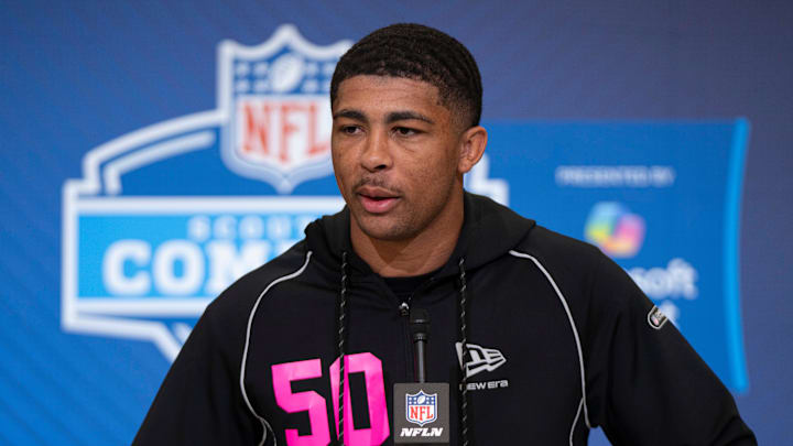 Feb 26, 2026; Indianapolis, IN, USA; Ohio State defensive back Lorenzo Styles (DB50) speaks to members of the media during the NFL Combine at the Indiana Convention Center.  