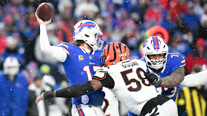 Dec 7, 2025; Orchard Park, New York, USA; Buffalo Bills quarterback Josh Allen (17) is pressured by Cincinnati Bengals defensive end Joseph Ossai (58) Dec 7, 2025; Orchard Park, New York, USA; Buffalo Bills quarterback Josh Allen (17) is pressured by Cincinnati Bengals defensive end Joseph Ossai (58)
