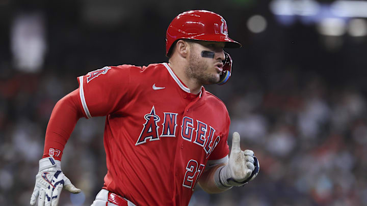 Los Angeles Angels designated hitter Mike Trout (27) runs to first base on a single during the third inning against the Houston Astros at Daikin Park. Los Angeles Angels designated hitter Mike Trout (27) runs to first base on a single during the third inning against the Houston Astros at Daikin Park.