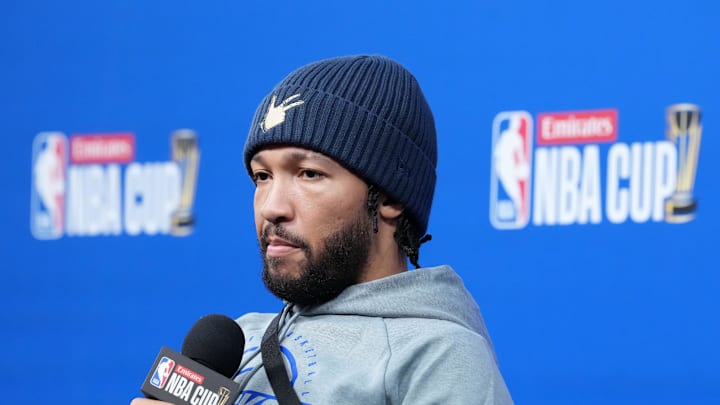 Dec 15, 2025; Las Vegas, NV, USA; New York Knicks guard Jalen Brunson (11) at press conference prior to the Emirates NBA Cup championship at the T-Mobile Arena. Mandatory Credit: Kirby Lee-Imagn Images Dec 15, 2025; Las Vegas, NV, USA; New York Knicks guard Jalen Brunson (11) at press conference prior to the Emirates NBA Cup championship at the T-Mobile Arena. Mandatory Credit: Kirby Lee-Imagn Images