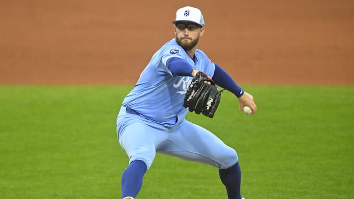 Sep 9, 2025; Cleveland, Ohio, USA; Kansas City Royals starting pitcher Noah Cameron (65) delivers a pitch in the fourth inning against the Cleveland Guardians at Progressive Field. Mandatory Credit: David Richard-Imagn Images