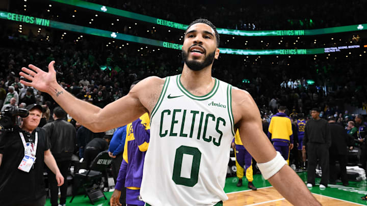 Mar 8, 2025; Boston, Massachusetts, USA; Boston Celtics guard Jaylen Brown (7) reacts after a game against the Los Angeles Lakers at the TD Garden. Mandatory Credit: Brian Fluharty-Imagn Images Mar 8, 2025; Boston, Massachusetts, USA; Boston Celtics guard Jaylen Brown (7) reacts after a game against the Los Angeles Lakers at the TD Garden. Mandatory Credit: Brian Fluharty-Imagn Images