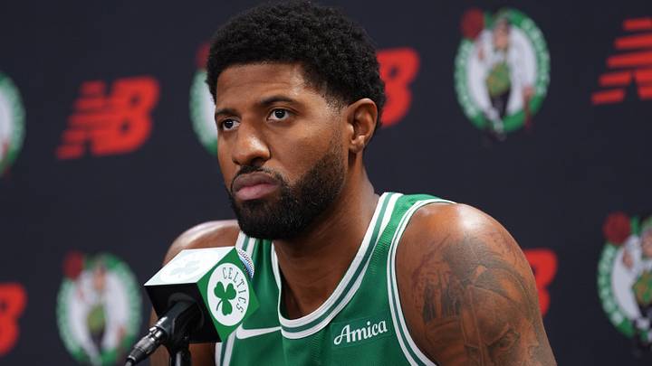 Sep 28, 2026; Boston, MA, USA; Boston Celtics forward Paul George (13) talks to reporters during media day at Auerbach Center. Mandatory Credit: David Butler II-Imagn Images
