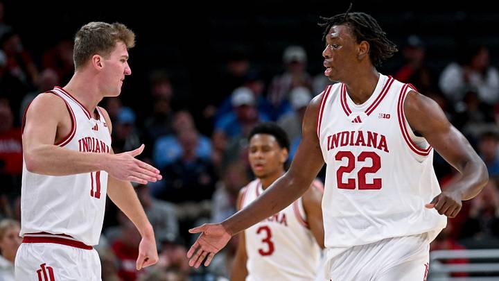 Oct 18, 2026; Indianapolis, IN, USA; Indiana Hoosiers forward Trent Sisley (11) high-fives Indiana Hoosiers forward Aiden Sherrell (22) against the North Carolina Tar Heels during the first half at Gainbridge Fieldhouse. Mandatory Credit: Robert Goddin-Imagn Images Oct 18, 2026; Indianapolis, IN, USA; Indiana Hoosiers forward Trent Sisley (11) high-fives Indiana Hoosiers forward Aiden Sherrell (22) against the North Carolina Tar Heels during the first half at Gainbridge Fieldhouse. Mandatory Credit: Robert Goddin-Imagn Images