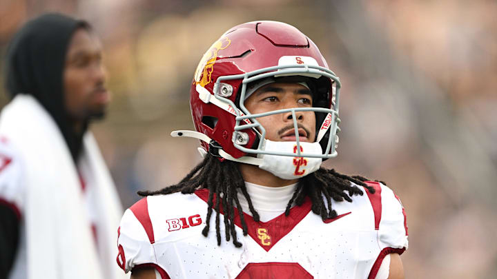 Sep 13, 2025; West Lafayette, Indiana, USA; Southern California Trojans wide receiver Makai Lemon (6) warms up before the game against the Purdue Boilermakers at Ross-Ade Stadium. 