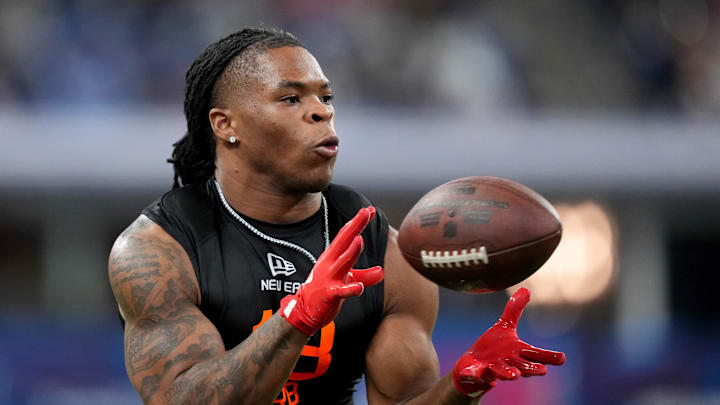 Ohio State running back Quinshon Judkins (RB18) during the 2025 NFL Combine at Lucas Oil Stadium. 