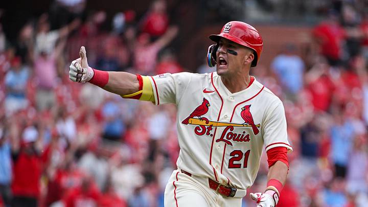 Jun 6, 2026; St. Louis, Missouri, USA; St. Louis Cardinals center fielder Lars Nootbaar (21) reacts after hitting a go ahead two run home run against the Cincinnati Reds during the eighth inning at Busch Stadium. Mandatory Credit: Jeff Curry-Imagn Images Jun 6, 2026; St. Louis, Missouri, USA; St. Louis Cardinals center fielder Lars Nootbaar (21) reacts after hitting a go ahead two run home run against the Cincinnati Reds during the eighth inning at Busch Stadium. Mandatory Credit: Jeff Curry-Imagn Images