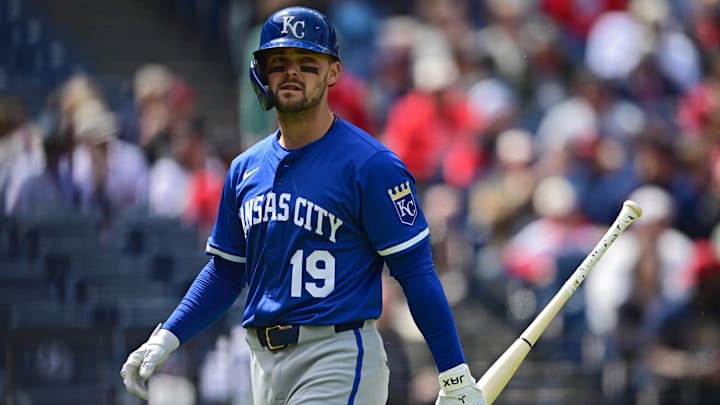 Apr 13, 2025; Cleveland, Ohio, USA; Kansas City Royals second baseman Michael Massey (19) walks to the dugout after striking out during the second inning against the Cleveland Guardians at Progressive Field. Mandatory Credit: David Dermer-Imagn Images Apr 13, 2025; Cleveland, Ohio, USA; Kansas City Royals second baseman Michael Massey (19) walks to the dugout after striking out during the second inning against the Cleveland Guardians at Progressive Field. Mandatory Credit: David Dermer-Imagn Images