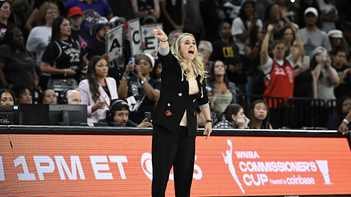 Jun 13, 2025; Las Vegas, Nevada, USA; Las Vegas Aces head coach Becky Hammon gestures to her team in the fourth quarter of their game against the Dallas Wings at Michelob Ultra Arena. 