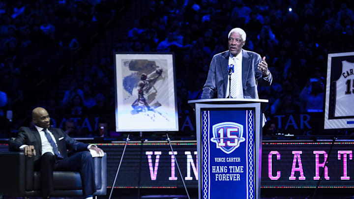 Jan 25, 2025; Brooklyn, New York, USA; Former NBA star Julius Erving speaks during a jersey retirement ceremony for former NBA star Vince Carter at halftime of a game between the Brooklyn Nets and the Miami Heat at Barclays Center. Mandatory Credit: John Jones-Imagn Images