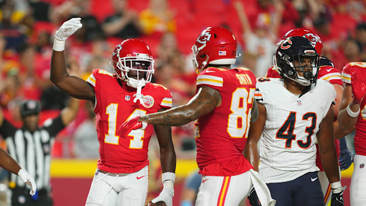 Aug 22, 2024; Kansas City, Missouri, USA; Kansas City Chiefs wide receiver Cornell Powell (14) celebrates with tight end Irv Smith Jr. (82) after scoring a touchdown against the Chicago Bears during the second half at GEHA Field at Arrowhead Stadium. Mandatory Credit: Jay Biggerstaff-Imagn Images Aug 22, 2024; Kansas City, Missouri, USA; Kansas City Chiefs wide receiver Cornell Powell (14) celebrates with tight end Irv Smith Jr. (82) after scoring a touchdown against the Chicago Bears during the second half at GEHA Field at Arrowhead Stadium. Mandatory Credit: Jay Biggerstaff-Imagn Images