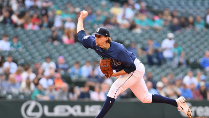 Seattle Mariners starting pitcher Logan Gilbert (36) pitches to the Chicago White Sox during the first inning at T-Mobile Park on June 10. Seattle Mariners starting pitcher Logan Gilbert (36) pitches to the Chicago White Sox during the first inning at T-Mobile Park on June 10.