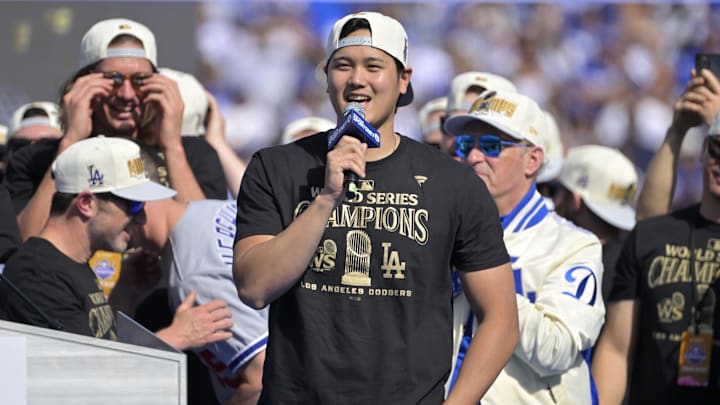 Los Angeles Dodgers designated hitter Shohei Ohtani to speaks to fans during the World Series Championship Celebration at Dodger Stadium on November 1, 2024. 