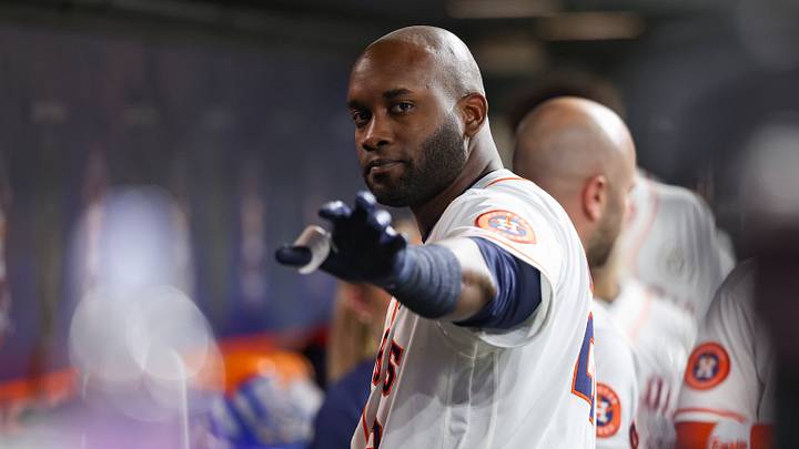Sep 15, 2026; Houston, Texas, USA; Houston Astros designated hitter Yordan Alvarez (21) points in the dugout after hitting a home run during the fifth inning against the Kansas City Royals at Daikin Park. Mandatory Credit: Troy Taormina-Imagn Images
