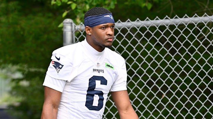 Jun 9, 2025; Foxborough, MA, USA; New England Patriots wide receiver Javon Baker (6) walks to the practice fields at Gillette Stadium. Mandatory Credit: Eric Canha-Imagn Images