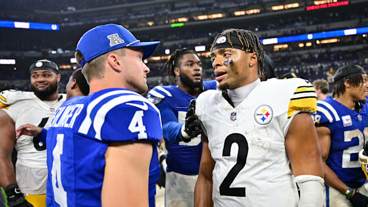 Sep 29, 2024; Indianapolis, Indiana, USA; Pittsburgh Steelers quarterback Justin Fields (2) Mandatory Credit: Marc Lebryk-Imagn Images