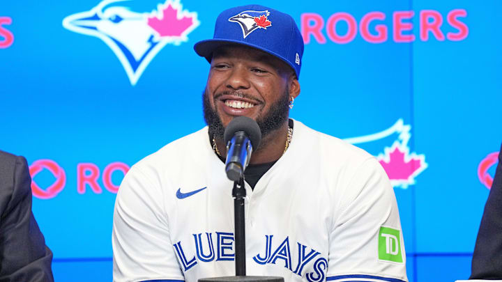 Guerrero Jr. speaks to the media. 