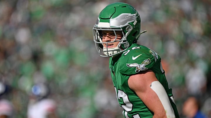 Oct 26, 2025; Philadelphia, Pennsylvania, USA; Philadelphia Eagles safety Reed Blankenship (32) against the New York Giants at Lincoln Financial Field. Mandatory Credit: Eric Hartline-Imagn Images