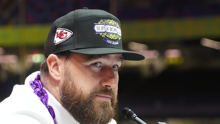 Feb 3, 2025; New Orleans, LA, USA;  Kansas City Chiefs tight end Travis Kelce (87) during Super Bowl LIX Opening Night at Ceasars Superdome. Mandatory Credit: Kirby Lee-Imagn Images