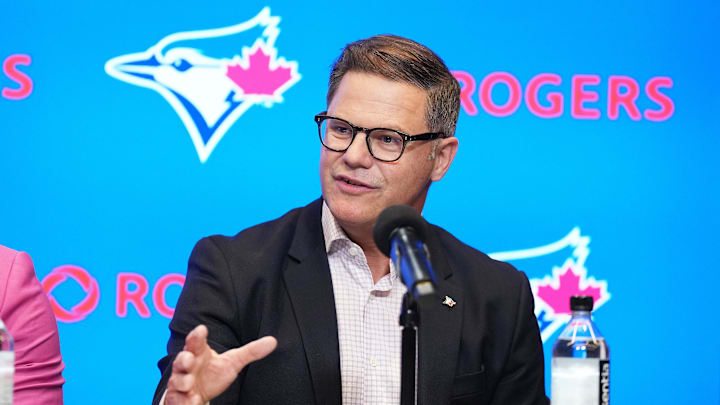 Apr 14, 2025; Toronto, Ontario, Canada; Toronto Blue Jays general manger Ross Atkins speaks to the media during the press conference at Rogers Centre. 