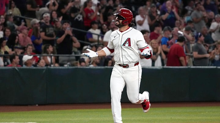 Jul 19, 2025; Phoenix, Arizona, USA; Arizona Diamondbacks third base Eugenio Suarez (28) reacts after hitting a solo home run against the St. Louis Cardinals in the third inning at Chase Field. Mandatory Credit: Rick Scuteri-Imagn Images Jul 19, 2025; Phoenix, Arizona, USA; Arizona Diamondbacks third base Eugenio Suarez (28) reacts after hitting a solo home run against the St. Louis Cardinals in the third inning at Chase Field. Mandatory Credit: Rick Scuteri-Imagn Images