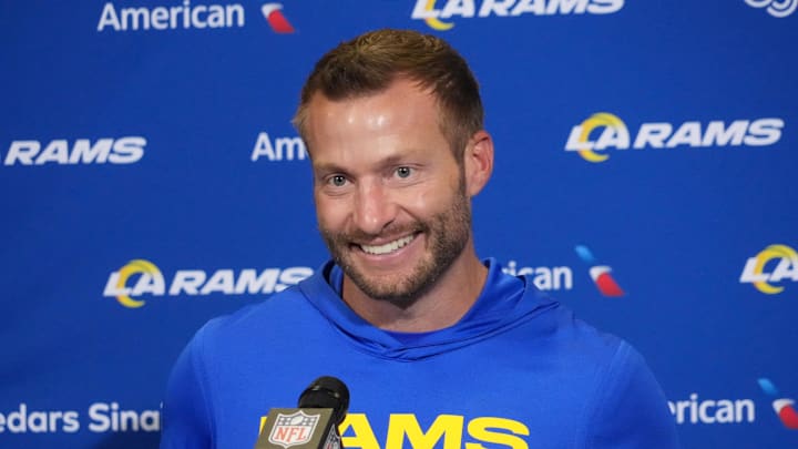Oct 19, 2025; London, United Kingdom; Los Angeles Rams head coach Sean McVay at a press conference after a NFL International Series game against the Jacksonville Jaguars at Wembley Stadium. Mandatory Credit: Kirby Lee-Imagn Images