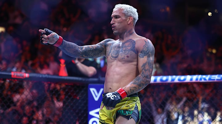 Jun 10, 2023; Vancouver, BC, Canada; Charles Oliveira reacts following his TKO victory against