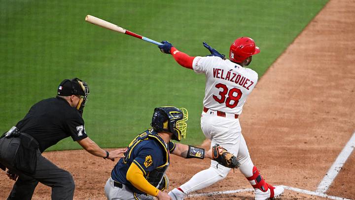 Jul 7, 2026; St. Louis, Missouri, USA; St. Louis Cardinals designated hitter Nelson Velazquez (38) hits a two run home run against the Milwaukee Brewers during the sixth inning at Busch Stadium. Mandatory Credit: Jeff Curry-Imagn Images Jul 7, 2026; St. Louis, Missouri, USA; St. Louis Cardinals designated hitter Nelson Velazquez (38) hits a two run home run against the Milwaukee Brewers during the sixth inning at Busch Stadium. Mandatory Credit: Jeff Curry-Imagn Images