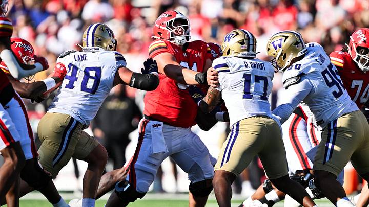 Maryland Terrapins offensive lineman Michael Hershey (61) blocks against the Washington Huskies at SECU Stadium. Maryland Terrapins offensive lineman Michael Hershey (61) blocks against the Washington Huskies at SECU Stadium.