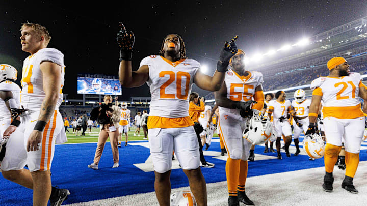 Oct 28, 2023; Lexington, Kentucky, USA; Tennessee Volunteers defensive lineman Bryson Eason (20) celebrates after the game against the Kentucky Wildcats at Kroger Field. Mandatory Credit: Jordan Prather-Imagn Images