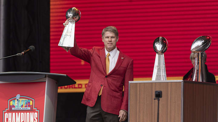Feb 15, 2023; Kansas City, MO, USA;  Kansas City Chiefs owner Clark Hunt holds the team   s third