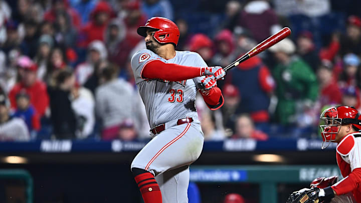 Apr 1, 2024; Philadelphia, Pennsylvania, USA; Cincinnati Reds first baseman Christian Apr 1, 2024; Philadelphia, Pennsylvania, USA; Cincinnati Reds first baseman Christian