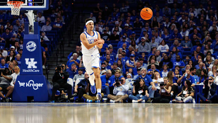 Oct 29, 2024; Lexington, KY, USA; Kentucky Wildcats guard Kerr Kriisa (77) passes the ball during the second half against the Minnesota State Mavericks at Rupp Arena. Mandatory Credit: Jordan Prather-Imagn Images