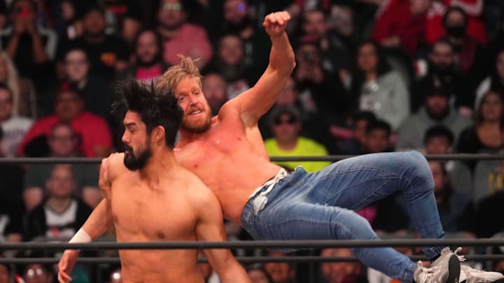 Feb 22, 2023; Phoenix, AZ, USA; AEW All Atlantic Champion Orange Cassidy (jeans) and  Wheeler Yuta