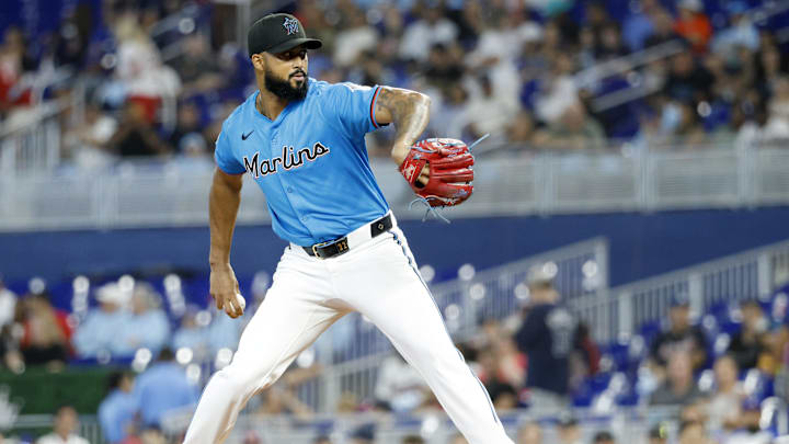 Jun 22, 2025; Miami, Florida, USA;  Miami Marlins starting pitcher Sandy Alcantara (22) pitches against the Atlanta Braves during the first inning at loanDepot Park. Mandatory Credit: Rhona Wise-Imagn Images