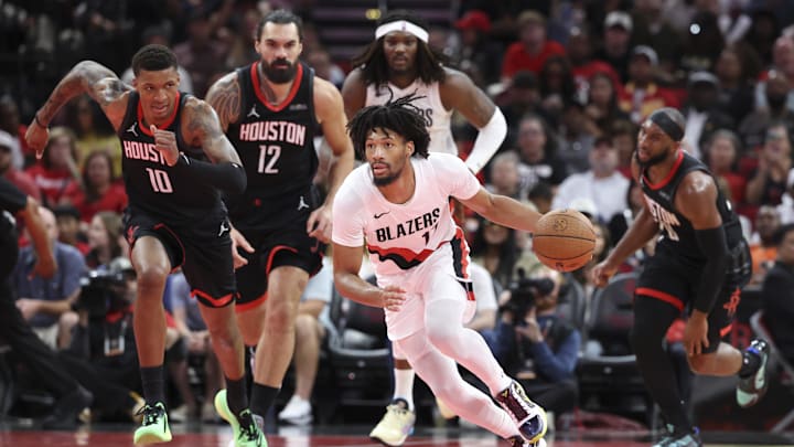 Nov 14, 2025; Houston, Texas, USA;  Portland Trail Blazers guard Shaedon Sharpe (17) dribbles the ball on a fast break during the third quarter against the Houston Rockets at Toyota Center. Mandatory Credit: Troy Taormina-Imagn Images