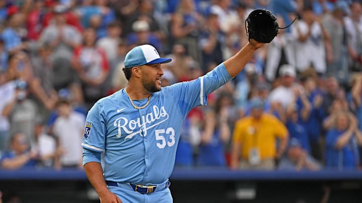 Mar 29, 2025; Kansas City, Missouri, USA; Kansas City Royals relief pitcher Carlos Estevez (53) reacts after beating the Cleveland Guardians at Kauffman Stadium. Mandatory Credit: Peter Aiken-Imagn Images