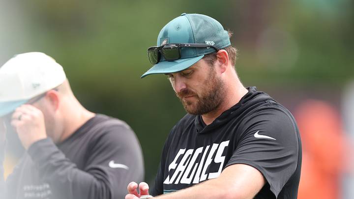 Jul 30, 2026; Philadelphia, PA, USA; Philadelphia Eagles offensive coordinator Sean Mannion during training camp at Jefferson Health Training Complex. Jul 30, 2026; Philadelphia, PA, USA; Philadelphia Eagles offensive coordinator Sean Mannion during training camp at Jefferson Health Training Complex.