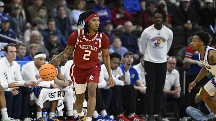 Mar 20, 2025; Providence, RI, USA;  Arkansas Razorbacks guard Boogie Fland (2) dribbles the ball during the first half against the Kansas Jayhawks at Amica Mutual Pavilion.