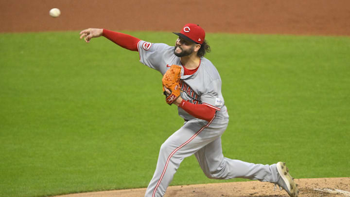 Sep 25, 2024; Cleveland, Ohio, USA; Cincinnati Reds starting pitcher Jakob Junis (47) delivers a pitch in the first inning against the Cleveland Guardians at Progressive Field. Mandatory Credit: David Richard-Imagn Images